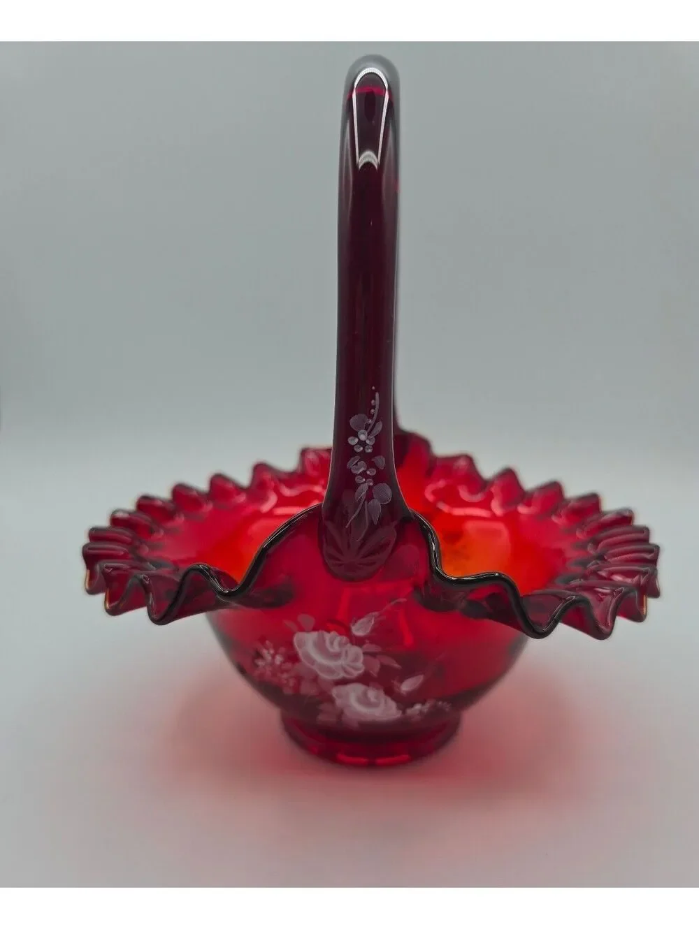 Vintage Fenton Ruby Red Hand Painted Flower Ruffled Art Glass Basket Signed